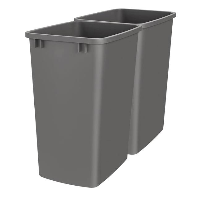 Rev-A-Shelf Polymer Replacement 35 Qt Gray Trash Bin, 2 Pack, featuring two durable injection-molded polymer bins in Orion Gray. Designed for compatibility with Rev-A-Shelf Pullout systems, these open-top bins are ideal for kitchens, bathrooms, offices, or dorm rooms. Each bin measures 14.21 inches wide, 10.46 inches deep, and 17.85 inches high, offering a 35-quart capacity for convenient waste storage. Frames sold separately.