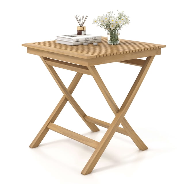 Gymax 27.5'' Bistro Table w/ Slatted Tabletop Sturdy Wood Frame & Thickened Top Patio