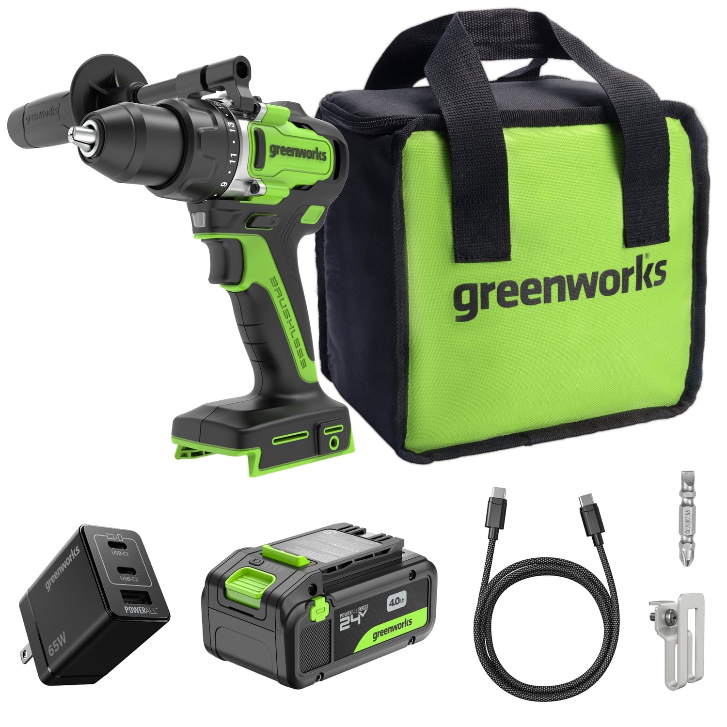 Greenworks 24V Cordless Brushless 800 in-lbs Drill / Driver, Professional Grade,21 Clutch, 4.0Ah USB-C Battery (24,000mAh Power Bank),65W USB-C Fast Charger(3-Port) and USB C to USB C Cable(3.3FT)