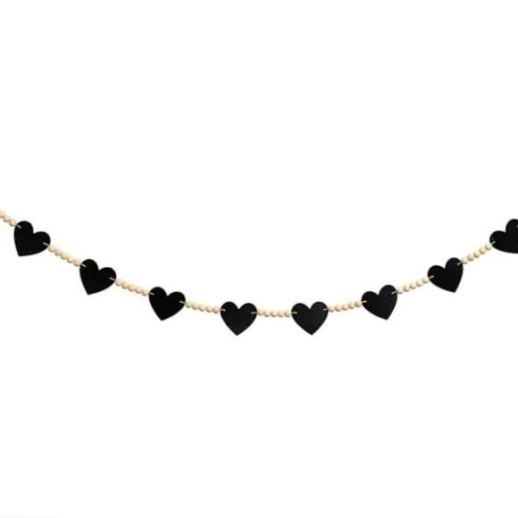 Décor de la Saint-Valentin Couronne de Perles en Bois Cœur Noir Style Ferme Bannière, Cœurs en Laine Perles en Bois Naturelles Faciles à Suspendre pour Foyer Entrée Mur Déco Maison, 1* Étiquette Suspendue