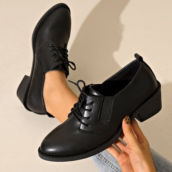 Cameland Women's Fashionable Casual Loafers All-Season Leather Shoes Solid Color Round Toe Lace-Up Low-Cut Heel Mid-Heel Flats