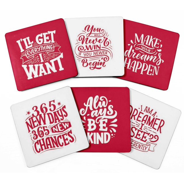 Inkdotpot Set of 6 Drink Coasters DecorativeNon,SlipCork Base4-inch Square PrintedCoastersEasy Clean- Quotes