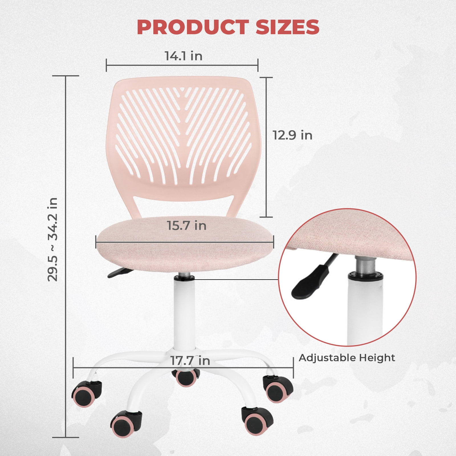 Homy Casa Chaise de bureau rose pour enfant, réglable avec roulettes, siège coussiné et dossier ventilé