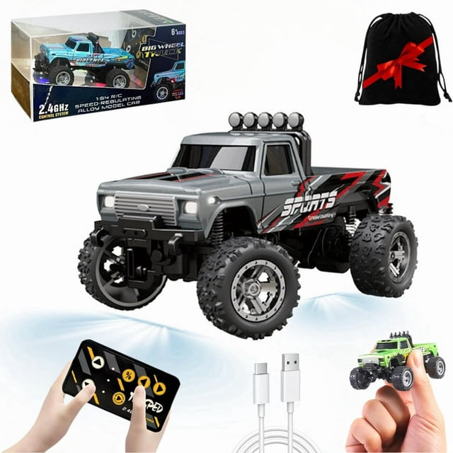 Mini Rc Monster Truck 1/64 Scale Monster Truck with Lights 2.4Ghz Remote Control Car Rechargeable Mini Monster Truck Rc Alloy Rc Semi Truck for Kids Gifts Speed Adjustable