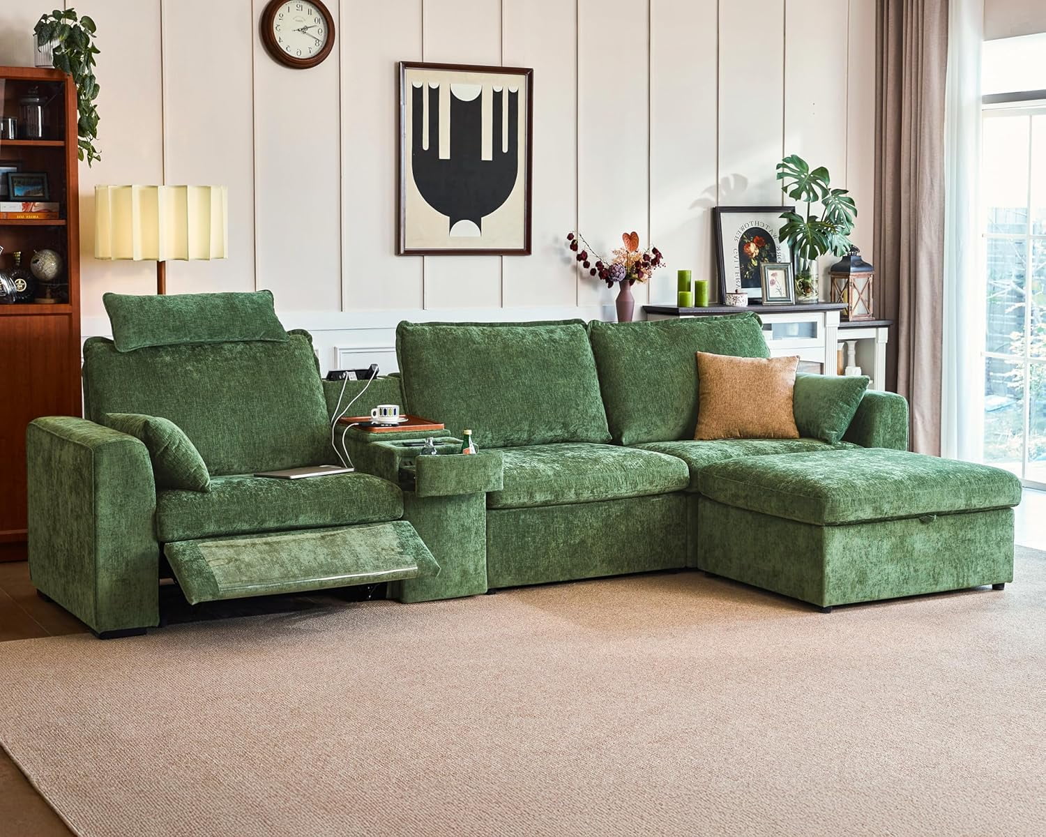 BEDEEP 139'' Power Recliner Sofa with Headrest Console, Moduar Cloud Sectional Chenille Reclining Couch with Storage Ottoman Chaise, Convertible 4-Seater Sofa Couch for Living Room RV, Green
