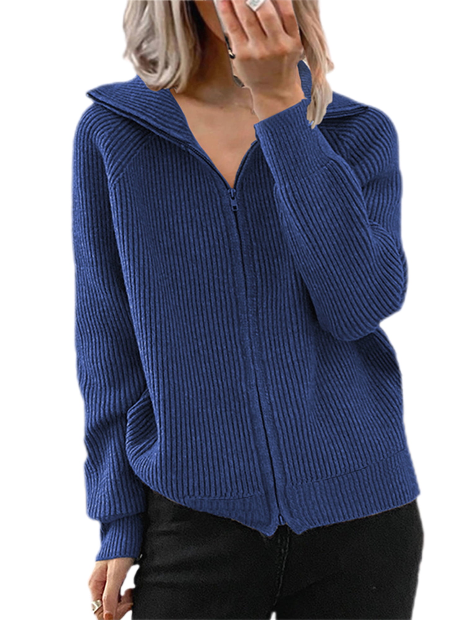 LUXUR Manteau d'Hiver Chaud à Manches Longues pour Femmes Bleu