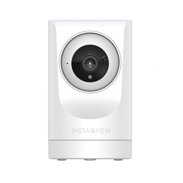 Instachew Purrsight 360° Pet Camera with Phone App, a white smart indoor security camera with a circular front lens, motion sensor, 2-way audio, and Wi-Fi for remote pet monitoring and home security via smartphone app.