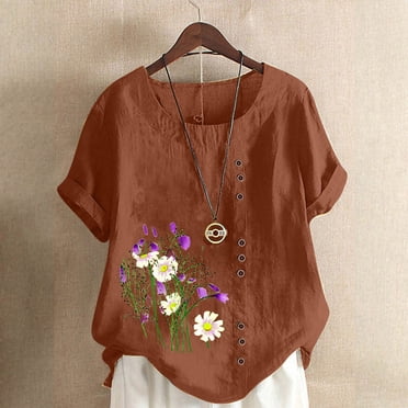 Meichang Tuniques en Coton et Lin pour Femmes, T-shirts Graphiques Grande Taille, Blouses Vintage à Col Rond à Motif Floral, Coupe Ample, Manches Courtes