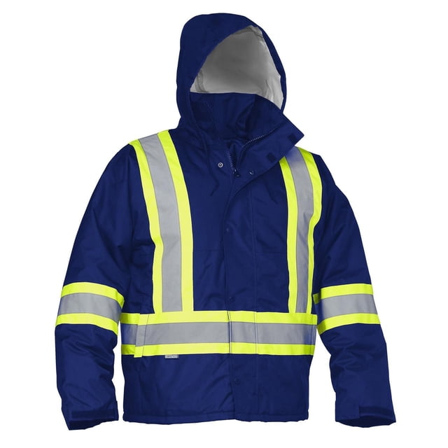 Forcefield Men's Safety Driver's Jacket in navy blue with fluorescent yellow and reflective silver stripes on front, sleeves, and waist. Waist-length, tear-resistant, waterproof, windproof with hood and snap-flap zipper, meeting CSA Z96-15 and ANSI 107-2015 standards, suitable for drivers requiring ease of movement.