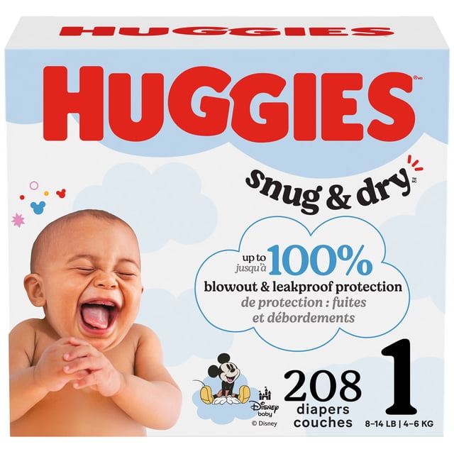 Huggies Snug & Dry Baby Diapers, Size 1 (8-14 lbs), 208 Count