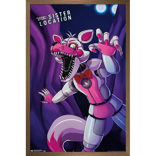 Five Nights at Freddy's : Sister Location - Funtime Foxy Affiche Murale, 14,725 Pouces x 22,375 Pouces Encadrée, Représentant un Renard Animatronique Orienté vers l'Avant avec un Corps Segmenté Blanc et Rose, des Dents Tranchantes, un Nœud Papillon Rouge et des Griffes Allongées sur un Fond de Grotte Violet Foncé avec des Orbes Lumineux, Idéal pour la Décoration Murale de Chambre Ou de Bureau.