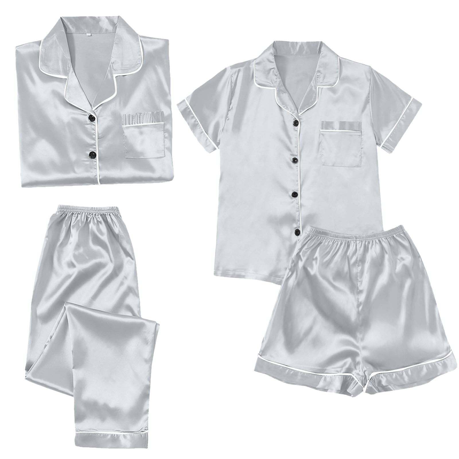 ZJXFGS Womens Summer Pajamas Sets, Silk Pajamas, Satin Pyjamas Women's Short 4 Piece Pyjamas Short Sleeve Sleepwear and Shorts Set Women Loungewear, Womens Pajama Set Gray XL