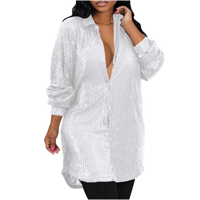 AherBiu Robe à Paillettes pour Femmes à Manches Longues, Boutonnée, Col à Revers, Col en V, Scintillante, Tenue de Boîte de Nuit, Robe Courte de Soirée
