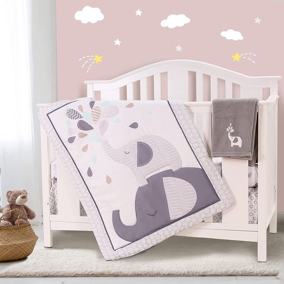 Sweet Baba Ensembles de Literie de Bassinette Éléphant Gris pour Garçons 4 Pcs, Ensemble pour Bébés Filles Inclus Couette, Drap-Housse, Jupe de Bassinette et Couverture pour Chambre de Bébé Taille Standard Neutre