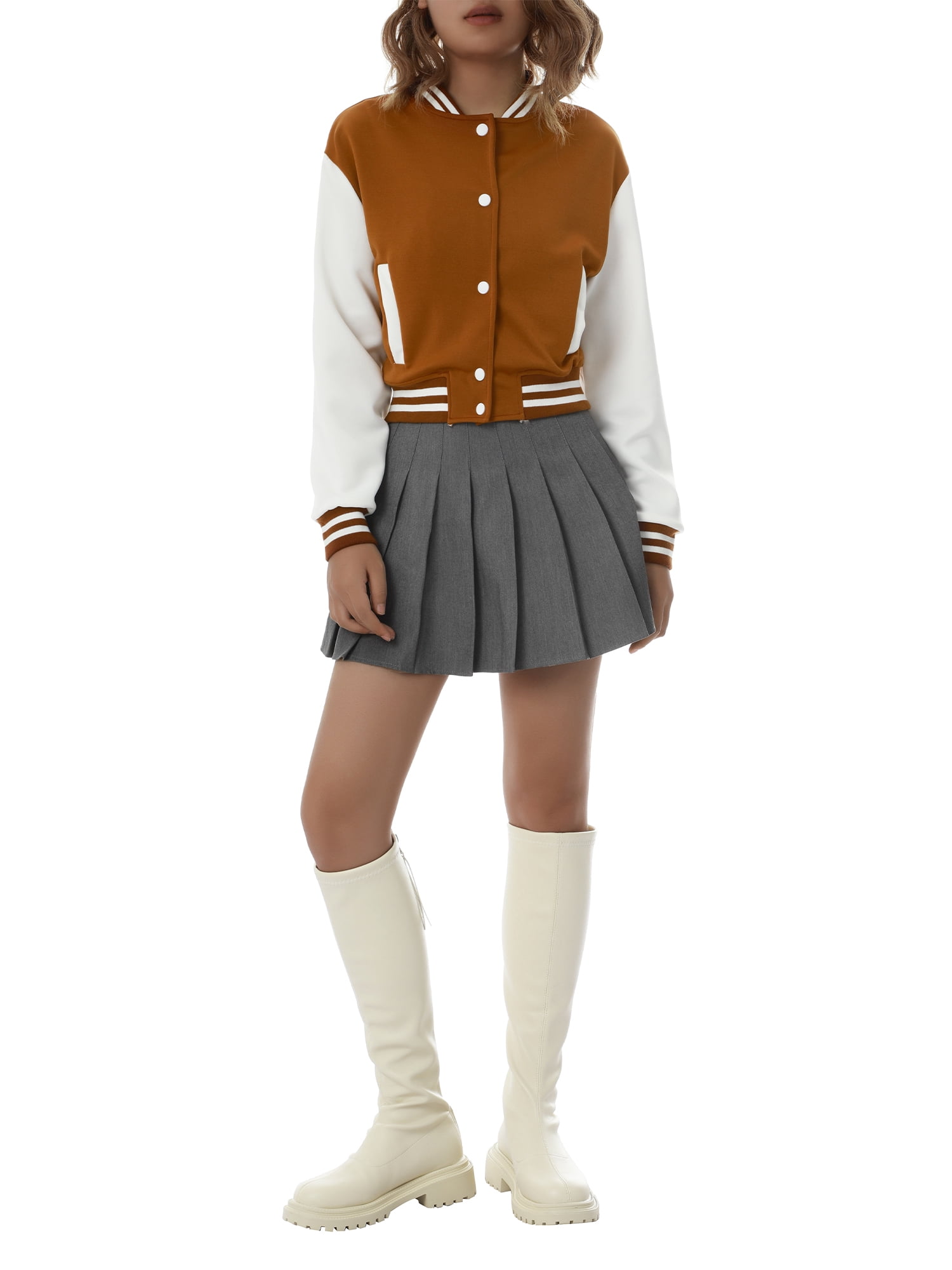 Women Varsity Baseball Jacket Casual Sweatshirt Long Sleeve Colorblock Button Down Cropped Bomber Coat
