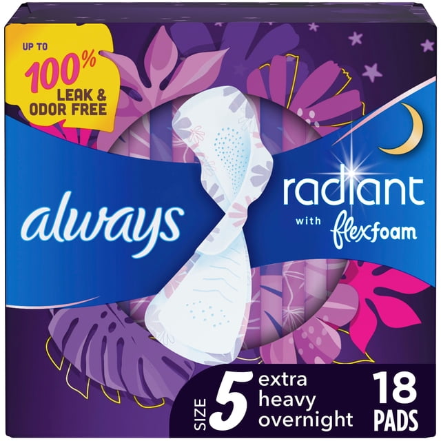 Always Radiant with FlexFoam Pads, Size 5, Extra Heavy Overnight absorbency with wings, white pad with light floral design on a purple floral box, offering up to 100% leak and odor-free protection, containing 18 pads for flexible, breathable feminine care.