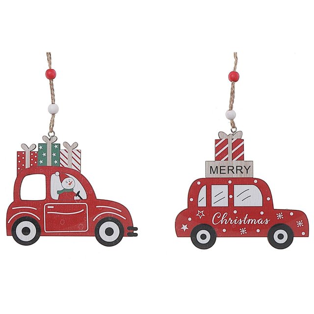 Wooden Car Ornament - Set of 12 red wooden Christmas tree ornaments shaped like cars with festive designs including a snowman driver, stacked gift boxes, and 'Merry Christmas' text, crafted from natural wood with hanging twine and red and white beads, suitable for holiday home décor.