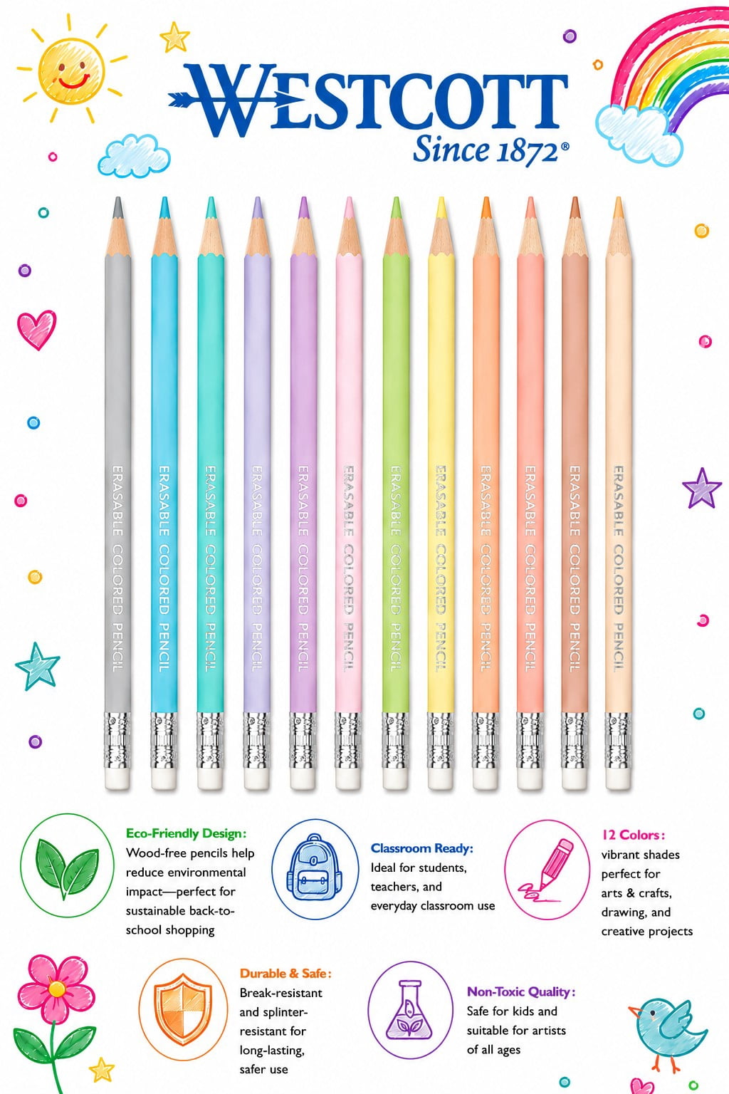 Crayons Westcott en bois sans plomb, crayons de couleur, pastels, palette de couleurs, pack de 12