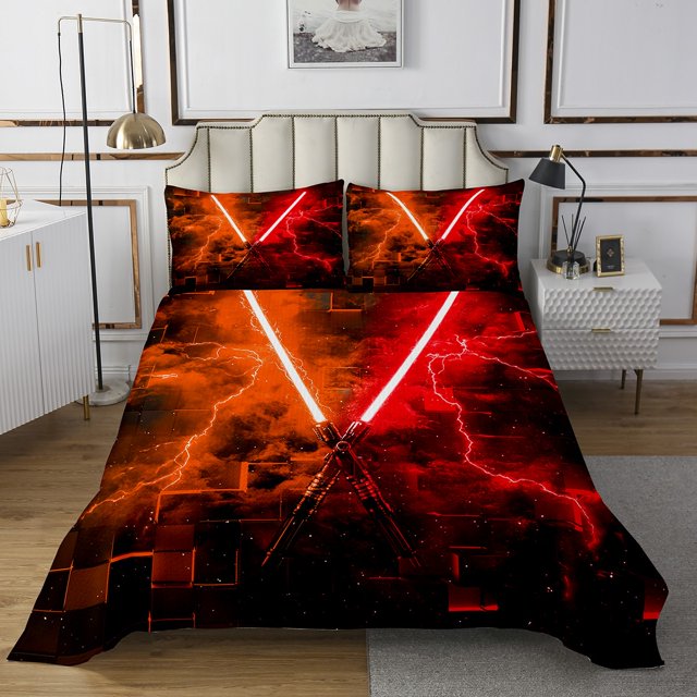 Erosebridal Teens Lightsaber Coverlet Set Twin, Square Geometry Bedding Set, Orange Red 2 Pieces