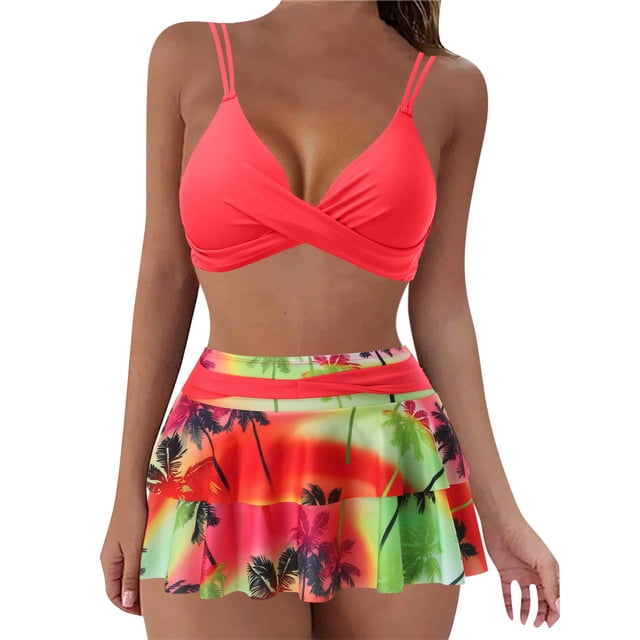 Kcodviy Woman Large Split Swimsuit Leopard Swimsuit Women High Cut Dress Style Briefs Ruffle Plus Size Women's Board Shorts Printed Bikini Women's Swimsuit