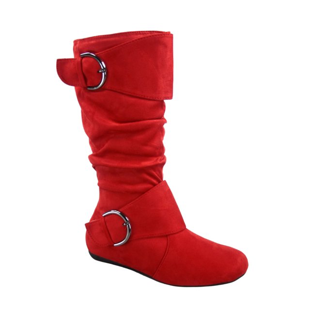 Bottes Mi-Mollet à Bout Rond pour Femmes Zone 70, Confort, Fermeture Éclair, Boucle, Style Plissé Décontracté, Talon Plat ( Rouge, 9)