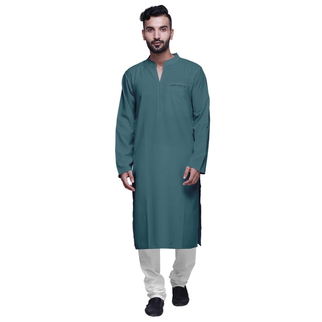 Atasi Kurta à Manches Longues pour Hommes en Coton Satin Uni Col Mandarin Chemise Décontractée