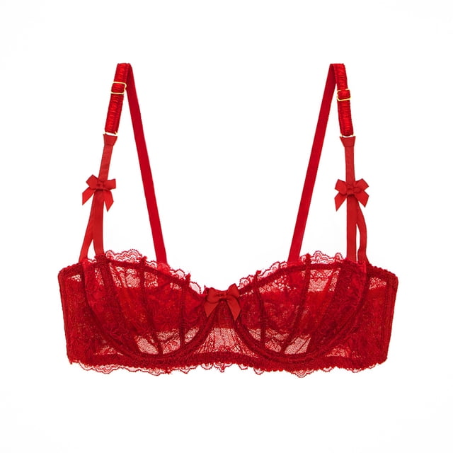 Varsbaby Sexy Unlined Balconette Demi-Cup Underwire Lace Bra in a vibrant red color. Features sheer lace fabric with floral patterns, adjustable straps with bow accents, and underwire support for shaping. Ideal for lingerie collections, everyday wear, nightwear, or special occasions like weddings and Valentine's Day.