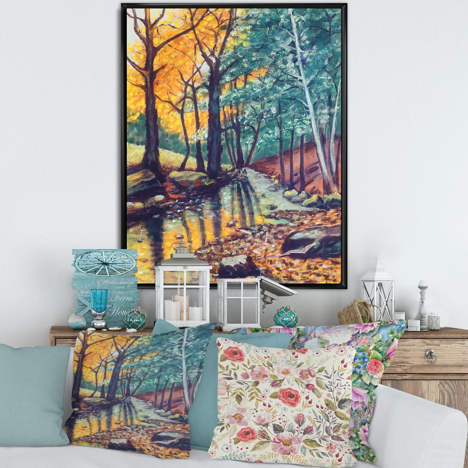 Designart paysage, à, rivière, dans, forêt automne, coucher soleil ART MURAL À CADRE FLOTTÉ