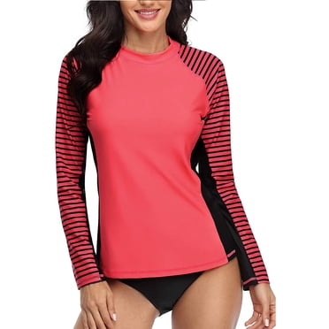 Charmo Women's Striped Rash Guard UPF 50+ Long Sleeve Swimsuit Top Swim Shirts