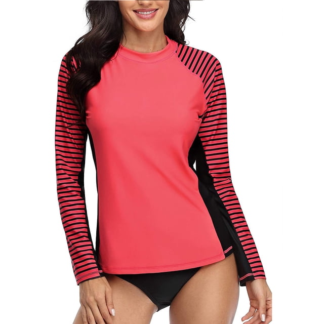 Charmo Women's Striped Rash Guard UPF 50+ Long Sleeve Swimsuit Top Swim Shirts
