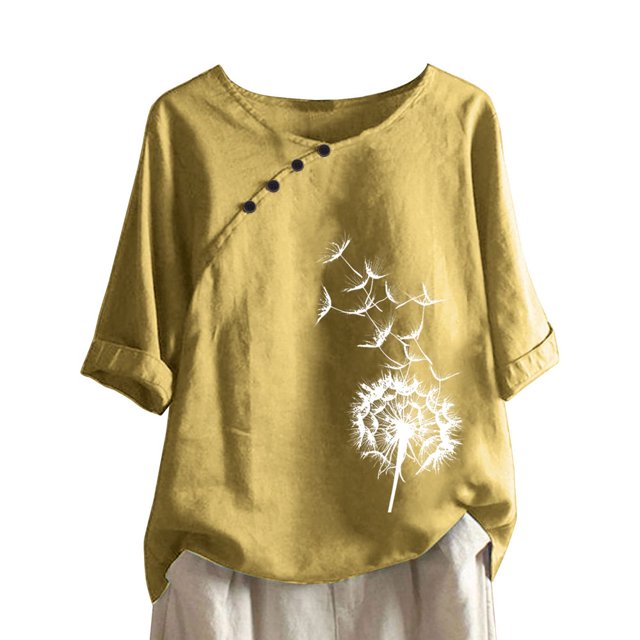 CHUANK Hauts pour Femmes en Solde à Moins de 10$ Hauts Décontractés Printemps Été Manches Longues en Coton Lin Imprimé Graphique Pissenlit Col Rond Blouses Vintage Grande Taille