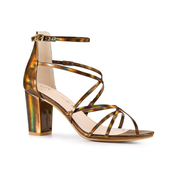 BLISSFUL STEP Women's Strappy Crisscross Strap Block Heels Sandals Brown (Size 9)