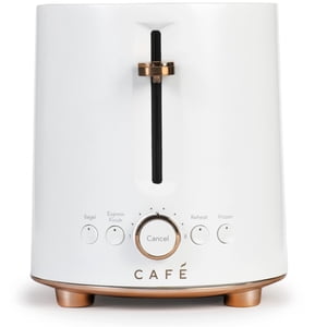 Caf&eacute; Finition express 2-Slice Grille-pain, Fentes extra-côté, Ascenseur supplémentaire pour les gaufres, Pâtisseries, Toast Texas & Pour en savoir plus 4 Fonctions pré-set, 8 Op d'ombre