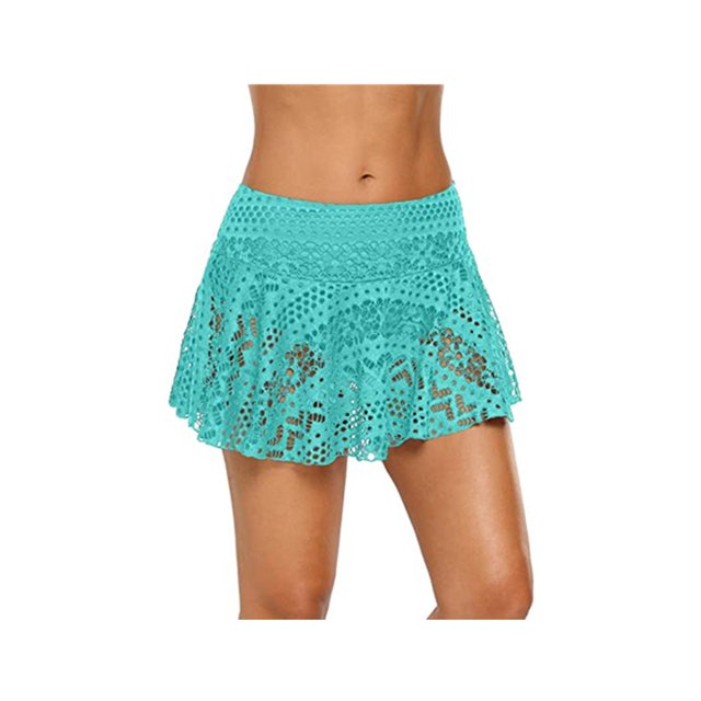 Jupe de Bain pour Femme en Dentelle Crochet Jupe-Short Bas de Bikini, Cyan, L