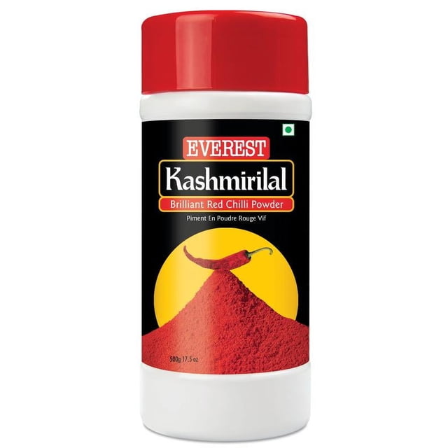 Everest Kashmirilal Red Chilli Powder 500g container with red lid and black label showing Everest brand and Kashmirilal name. The label features a yellow circle with a red chilli and a mound of red chilli powder, highlighting its brilliant red color and mild pungency. This masala spice is hygienically packed and ideal for adding rich aroma and colour to Indian and South Asian dishes.