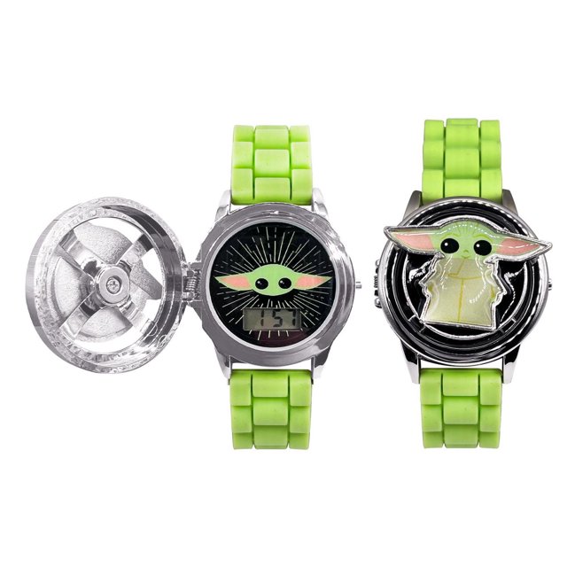 Star Wars LCD Watch with Spinner Cover for kids featuring a green silicone strap, metal case, and a spinning cover that flips open to reveal an easy-to-read digital LCD display with Baby Yoda's face on a black background with radiating lines, ideal as a gift for children aged 6 and up.
