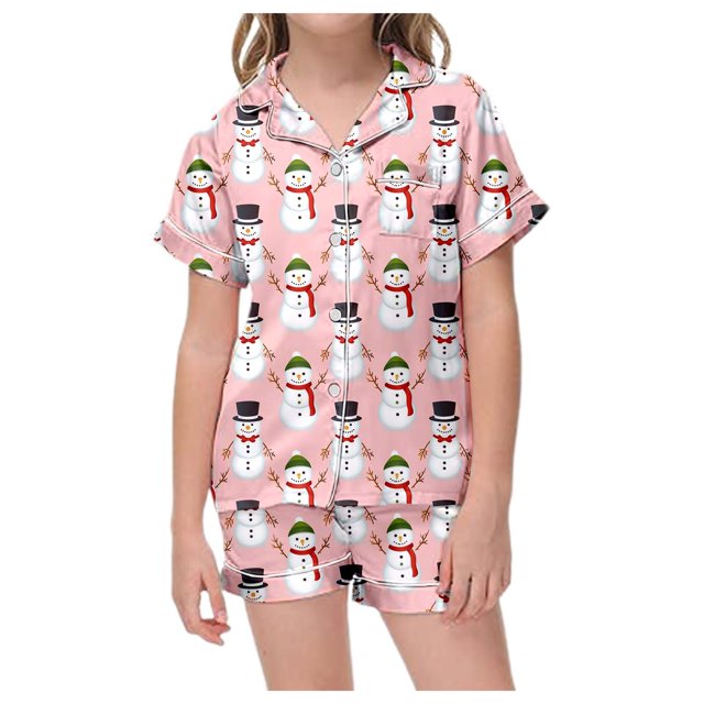 WEAIXIMIUNG Ensemble de Pyjama pour Enfants de Noël Classique à Imprimé, Chemise à Col Boutonnée à Manches Courtes et Short 6-7 Ans