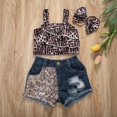 thumbnail image 3 of 3PCS Kids Girls Summer Ruffles Top Shorts Leopard Short Sleeve Pleated Vest Blue Hole Jeans Side Pockets, 3 of 5