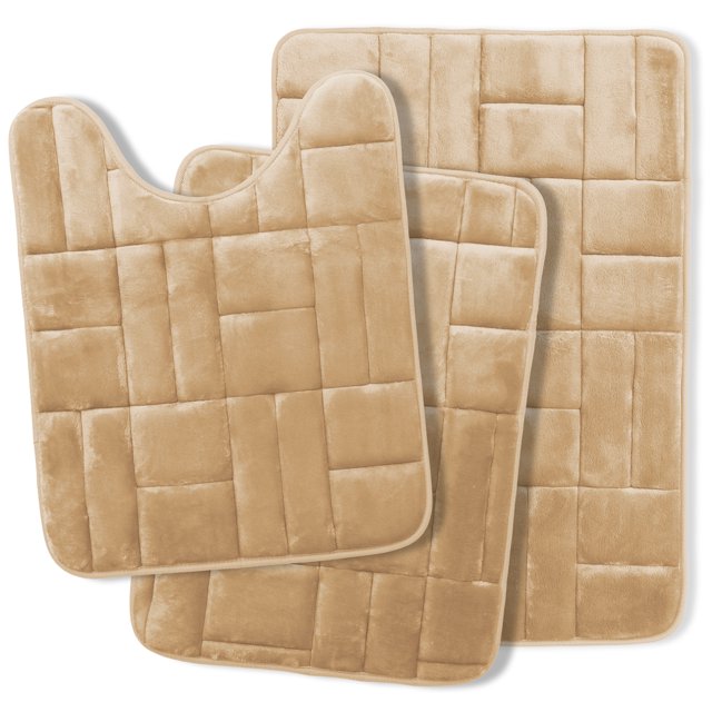 Clara Clark Bathroom Rugs, Velvet Memory Foam Bath Mat, Ultra Soft Non Slip and Absorbent - Tiled - Set Small, Large & Contour - Beige
