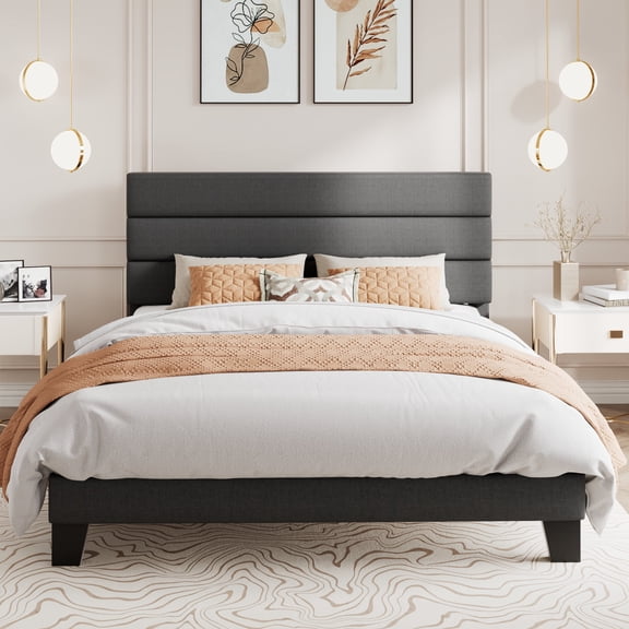 Amolife Queen Bed Frame, Platform Bed Frame with Fabric Upholstered Headboard, Dark Grey