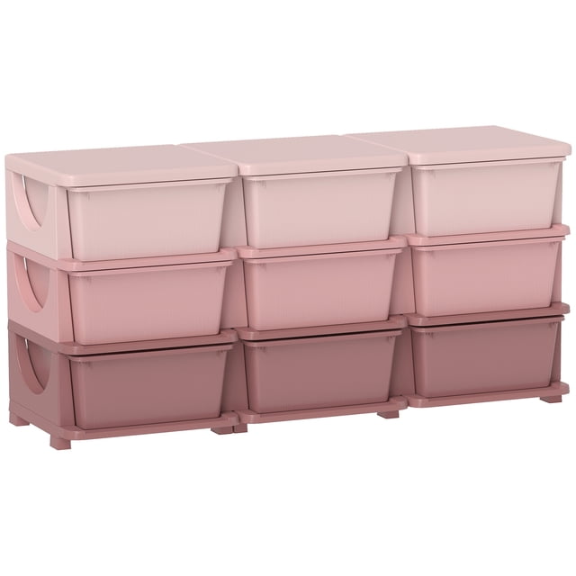 Qaba 3 Tier Kids Toy Organizer with 9 Plastic Storage Bins in pink. The organizer features a compact design with three tiers of removable bins, each with a 3.7-gallon (14 L) capacity. Made from durable PP material, it has rounded edges for safety and is easy to clean. Dimensions are 44.5 inches long, 14.6 inches wide, and 22.2 inches high. Suitable for children aged 3-6 years.