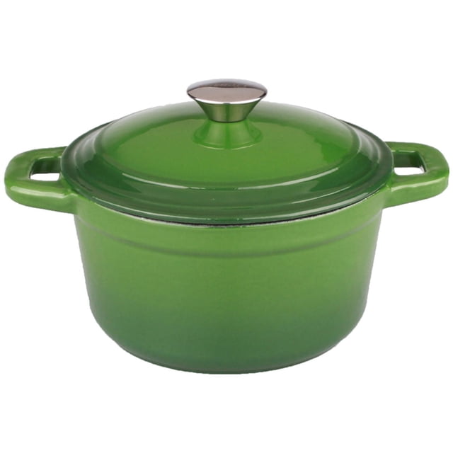 BergHOFF Neo 7 qt covered round cast iron casserole dish in green with stainless steel knob and dual handles, oven safe up to 400F with self-basting lid spikes for steam circulation, suitable for slow cooking and baking.
