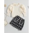 thumbnail image 2 of Faithtur 2PCS Toddler Girls Fall Outfits, Long Lantern Sleeve Ribbed Knit Tops + Tweed Skirt Set, 2 of 9