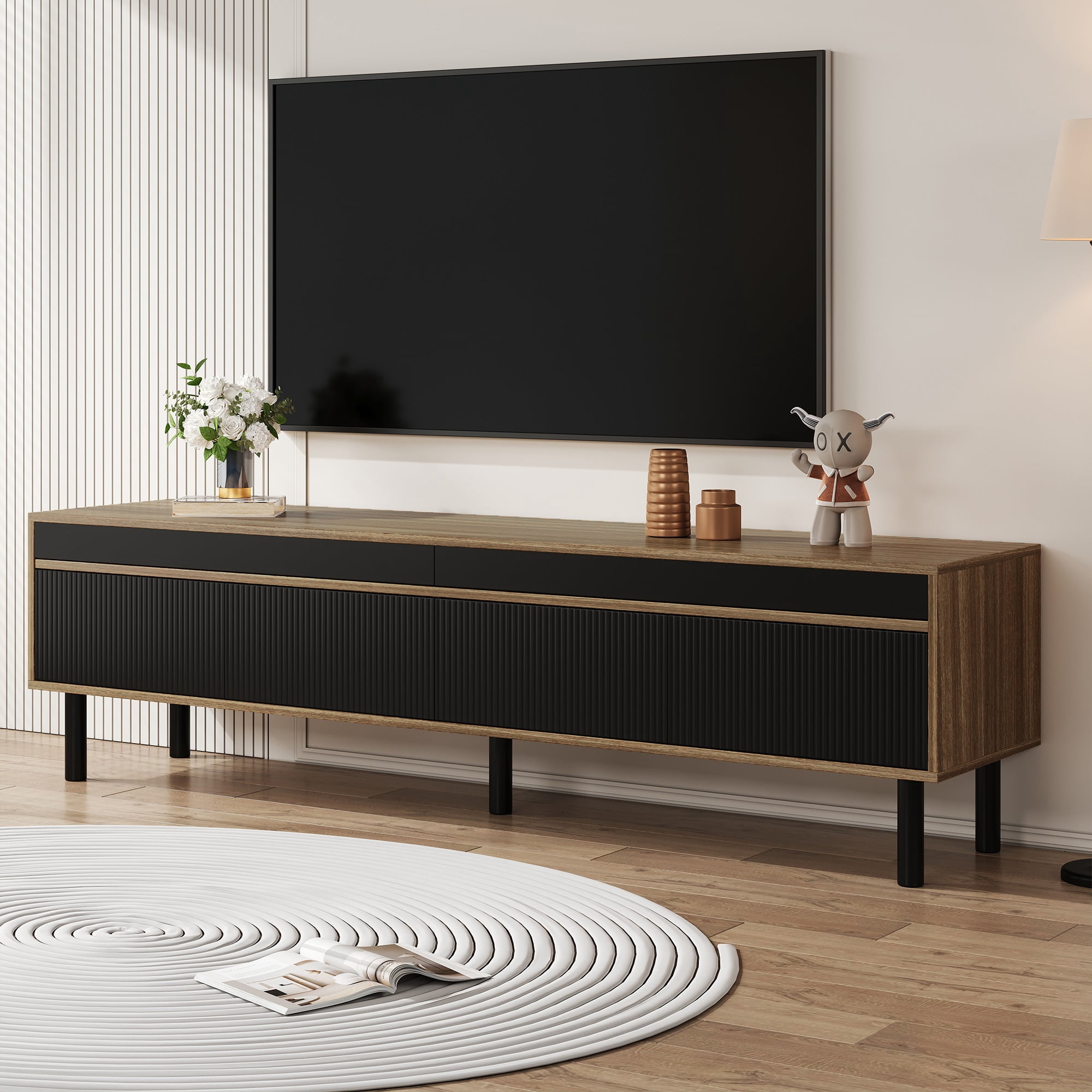 GOWE TV cabinet, TV table, TV Stand with four doors. Fine texture. Black and wo This stylish TV Stand has four contrasting doors and a spacious interior, providing ample storage space and easy acce
