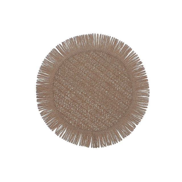 Napperon Rond Tissé avec Franges beige 15 x 15 Pouces, Fabriqué en PVC Imperméable avec un design Tissé Complexe et une Bordure à Franges, Protège les tables à Manger contre les Déversements et les Égratignures, Idéal pour les Maisons Modernes et Souvent Utilisé comme base Décorative pour de Petites Plantes Ou des vases.