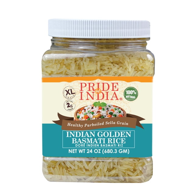 Pride Of India Extra Long Indian Golden Basmati Rice in a 1.5-pound sealed food-grade plastic jar. The jar displays parboiled Sella grain rice with extra long and thin grains, enriched with fiber and low glycemic value. Ideal for Indian and South Asian cuisine, the label highlights 100% natural, GMO-free, gluten-free, vegan, and BPA-free attributes.
