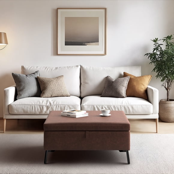 CorLiving Oslo Weathered Fabric Upholstered Square Storage Ottoman with Metal Legs, for Living Room, Entryway, and more
