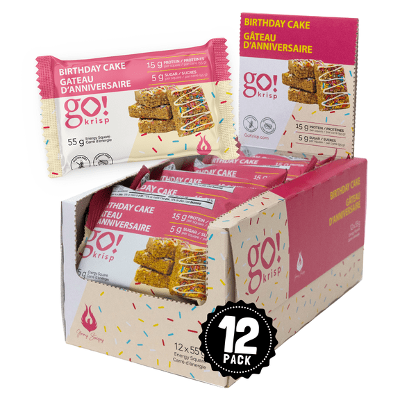 Value-Pack 12x55g Jimmy Sevigny GoKrisp Birthday Cake Crispy Sweet Treats, Low Sugar, High Fiber, High Protein, Made in Quebec