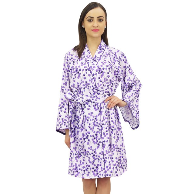 Bimba Kimono Imprimé Feuille pour Femmes Robe Manches Longues en Coton Popeline - 14