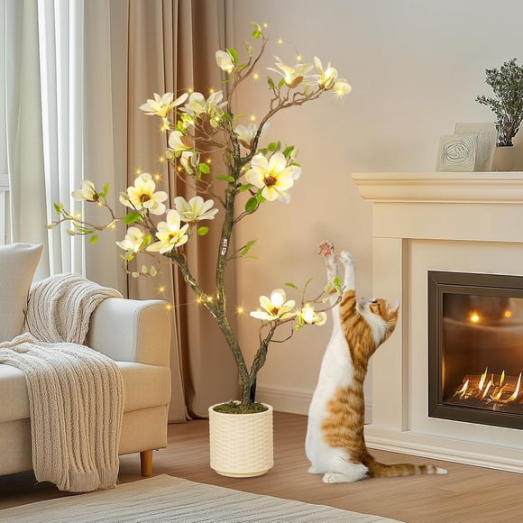 4FT Faux Magnolia Plant Artificial Flower Trees Fake Plants for Yard Patio Home Office Arrangement Decor Artificial Magnolia Tree Inc. 66 Realistic Flowers Vivid Leaves Mosses Lighting White Pot